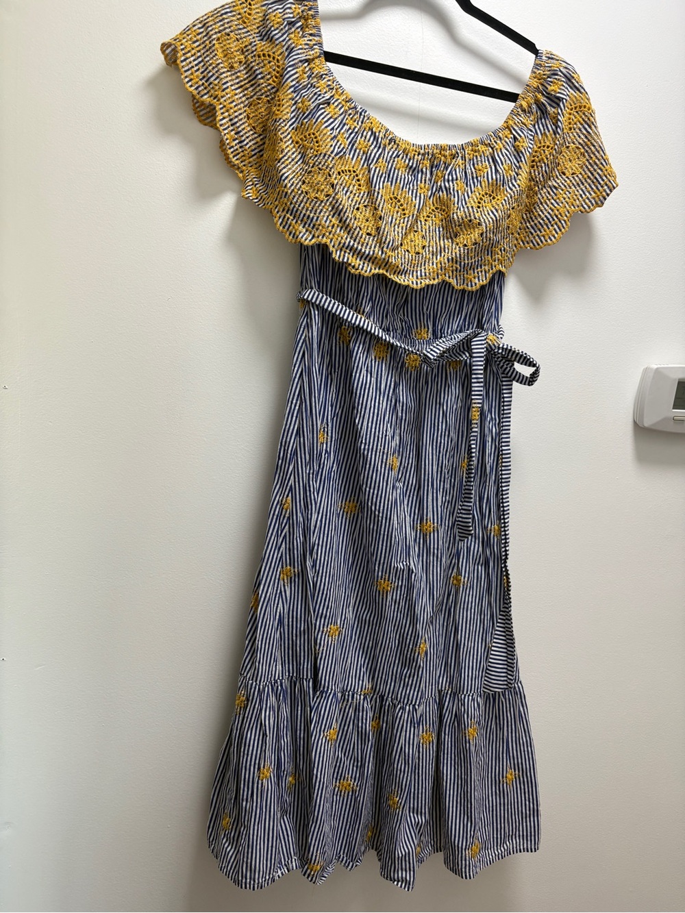 Flying Tomato Navy Striped Midi Dress with Mustard Floral Accents- coastal